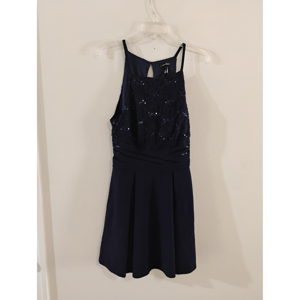 Speechless Navy Blue Lace Sequin Halter Dress Mesh Cutout Junior 11